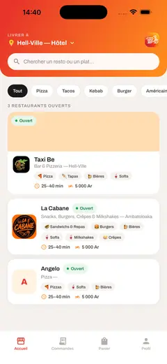 Écran d'accueil de l'app Taxi Food : la liste des restaurants de Nosy Be