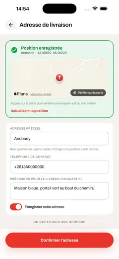 Écran d'adresse Taxi Food avec localisation automatique