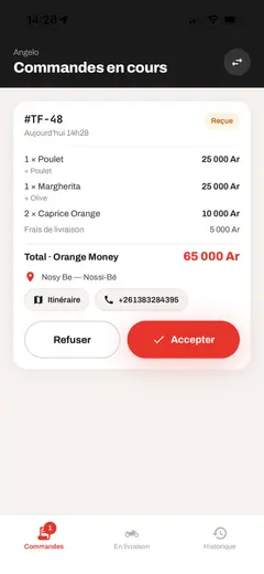 Espace restaurant Taxi Food : une nouvelle commande reçue, à accepter ou refuser