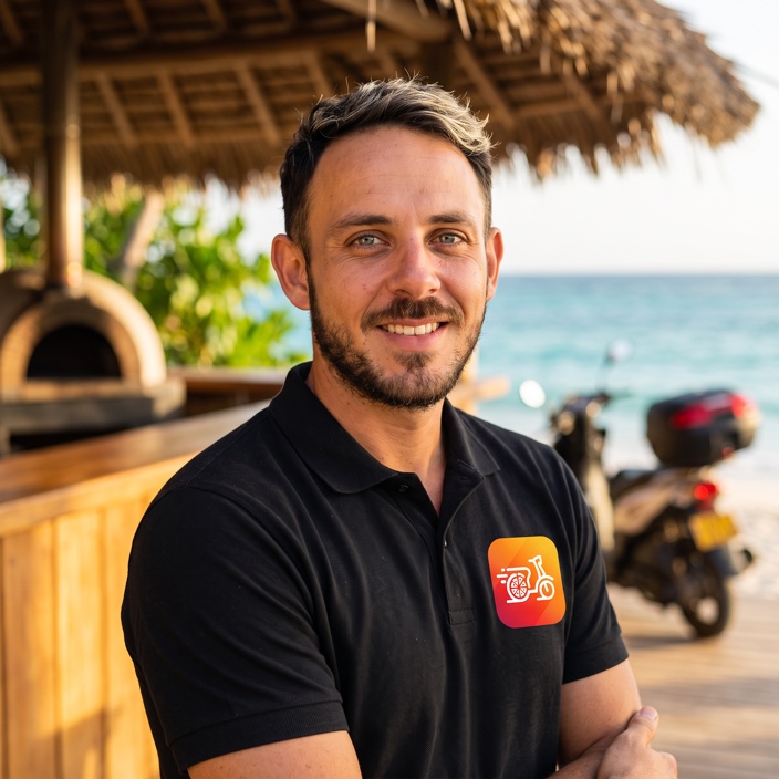 Christopher, le fondateur de Taxi Food, en polo noir Taxi Food sur la terrasse d'une pizzeria en bord de plage à Nosy Be, un four à pizza et un scooter de livraison derrière lui.