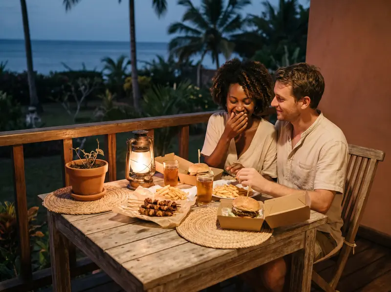 Un couple dîne tranquillement sur le balcon de son hôtel à Nosy Be