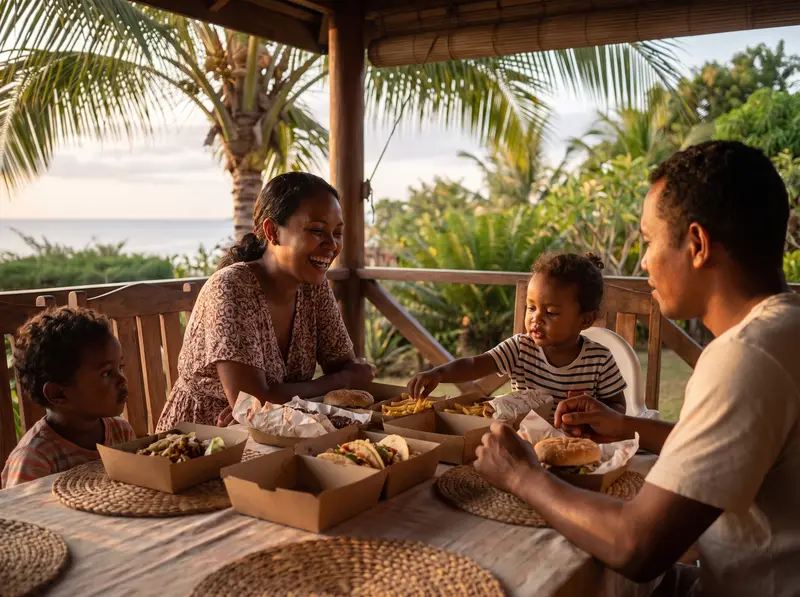 Une famille dîne tranquillement sur la véranda de sa maison à Nosy Be
