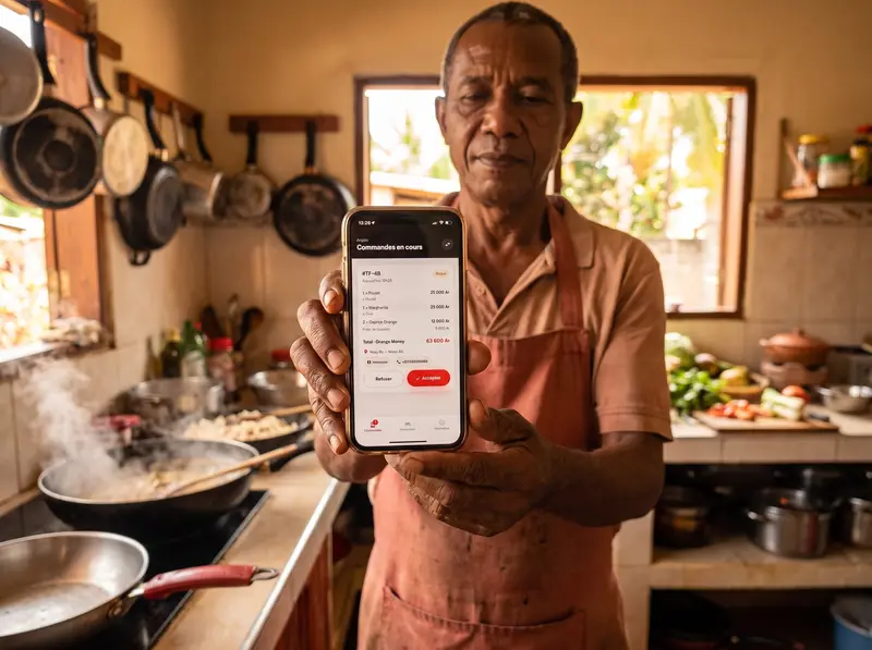 Un restaurateur en cuisine consulte l'app Taxi Food affichant une nouvelle commande reçue