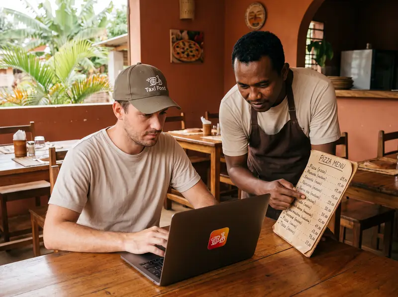 Un technicien Taxi Food configure le menu sur son ordinateur avec le patron d'une pizzeria malgache