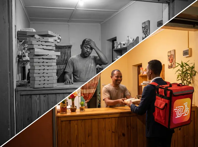 Avant/après : un patron débordé sans livreur, puis un livreur Taxi Food qui vient récupérer la commande dans le restaurant