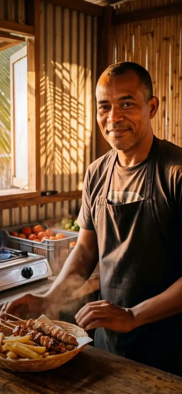 Un restaurateur de Nosy Be dresse une assiette dans sa cuisine